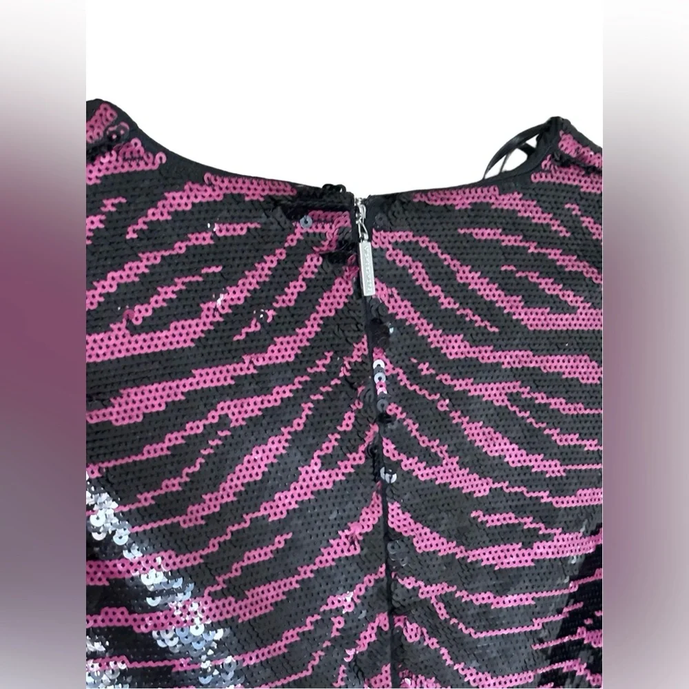 Michael Kors Zebra Sequin Mini Dress Berry Black Puff Sleeve Belted MH98Z39DFP L